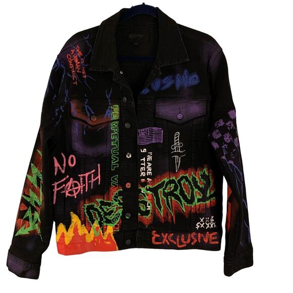 Mac Keen Destroy ADULTS ONLY Graffiti Men's Denim Jacket Size X-Large - Picture 1 of 9